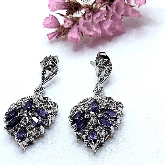 Natural Amethyst 6x3mm & Rhodolite Garnet 925 Sterling Silver Earrings - Picture 4 of 5